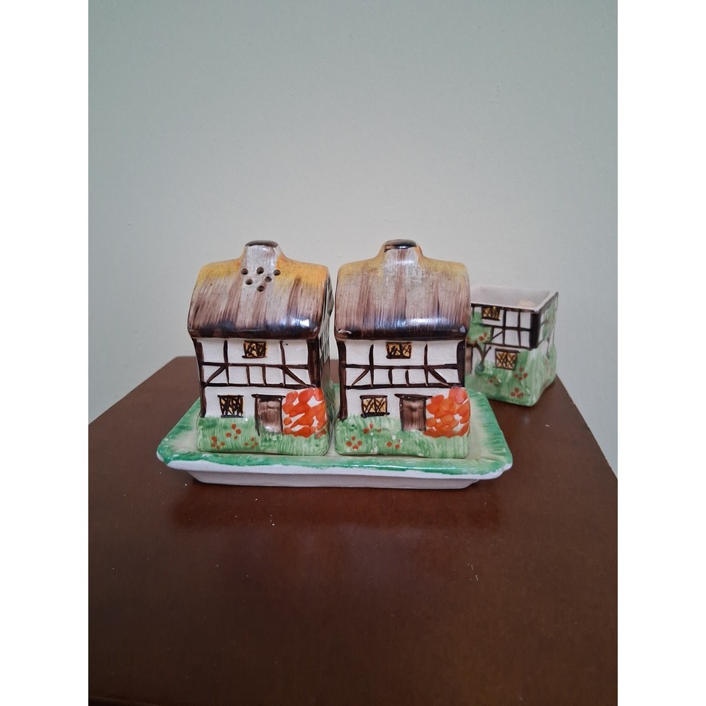 Cottage House Salt & Pepper Shakers W/ Tray Ceramic Hand Painted JAPAN